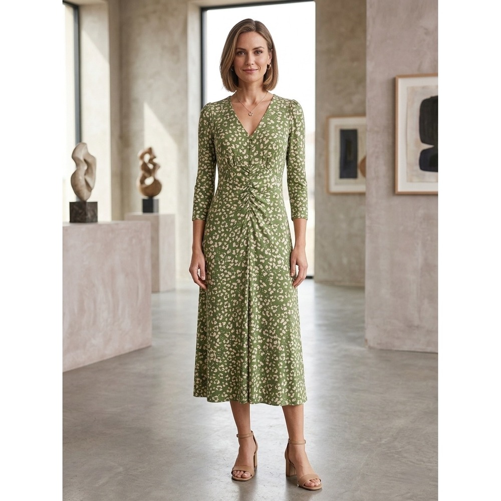 Monsoon Animal Print Dress Womens Size S Green Abstract Ruched V-Neck 3/4 Sleeve